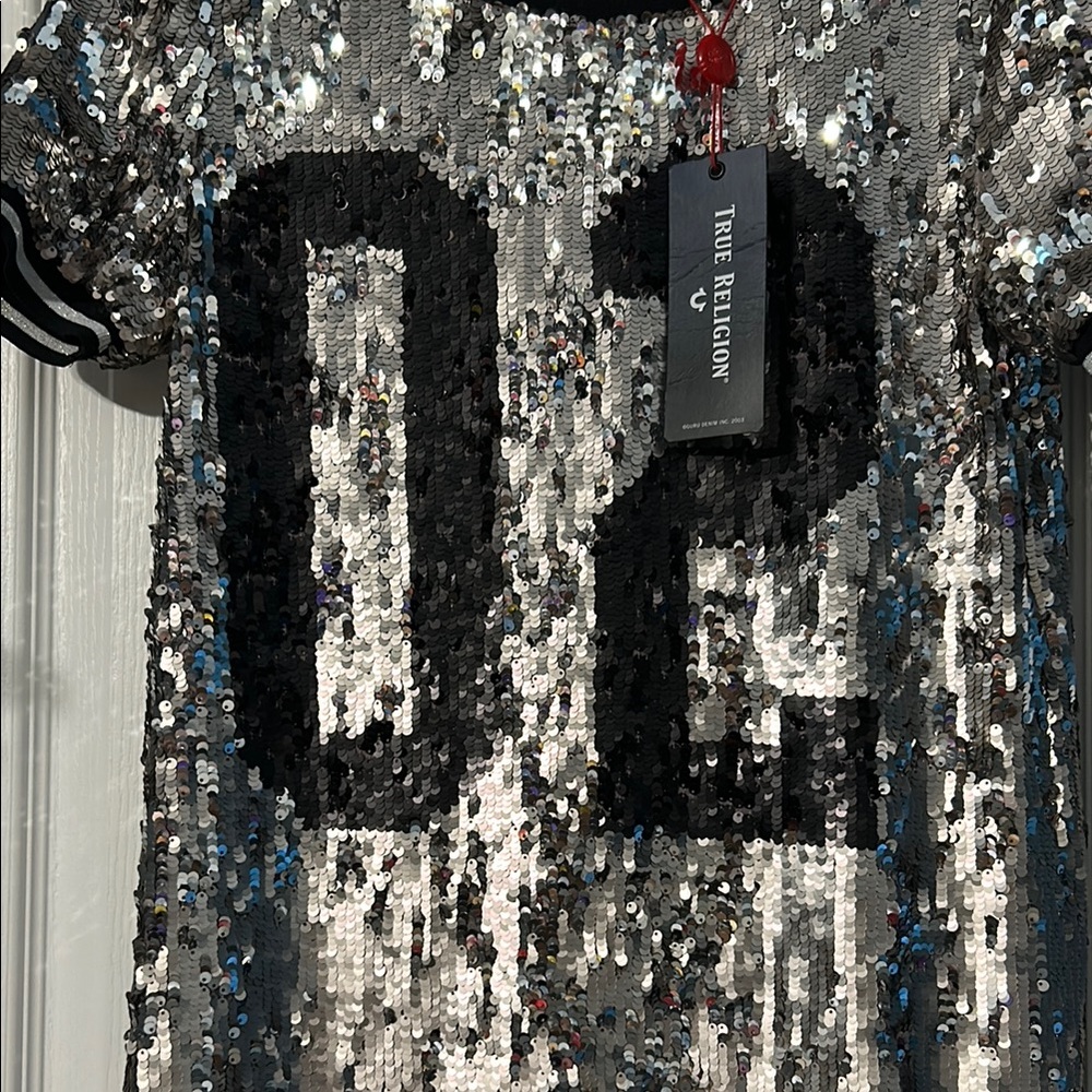 True Religion Silver Sequin Dress with Black Detail - Picture 2 of 11
